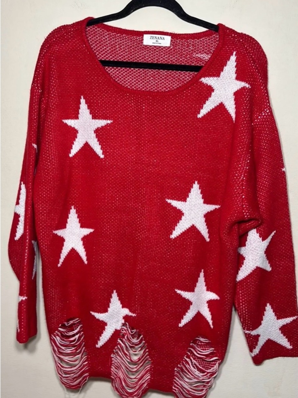 Zenana Outfitters Red Star Distressed Knit Sweater*